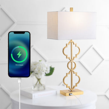 Selina 32" Iron Ogee Trellis Modern LED USB Table Lamp - JONATHAN Y
